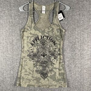 Affliction Tank Top Womens Small Green Camo Marquis Cross Graphic Racerback NWT
